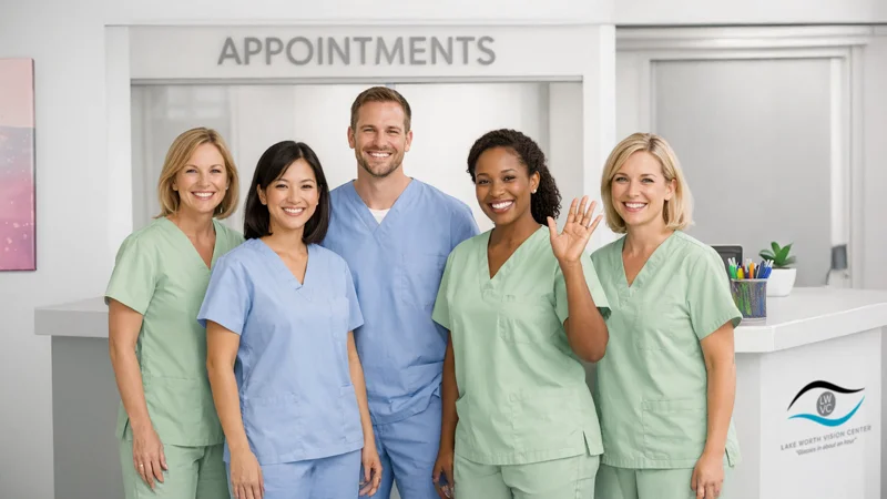Our staff all standing around the appointment desk and smiling