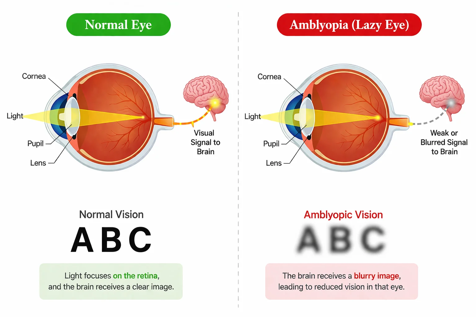 Side-by-side comparison of a normal eye and amblyopia, illustrating reduced vision in one eye and a blurry vision example.