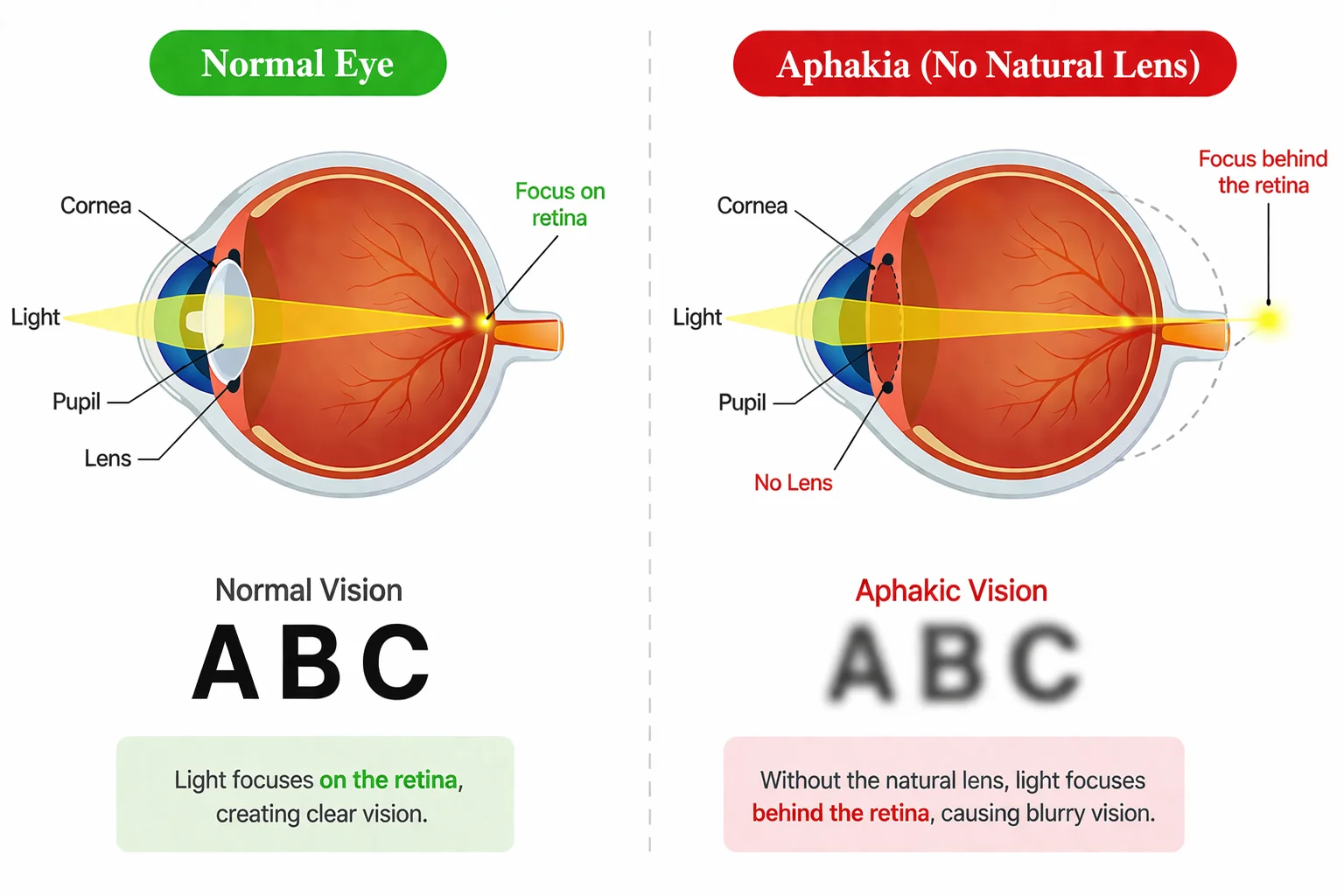 Medical illustration comparing a normal eye and aphakia, showing the absence of the natural lens and unfocused light entering the eye.