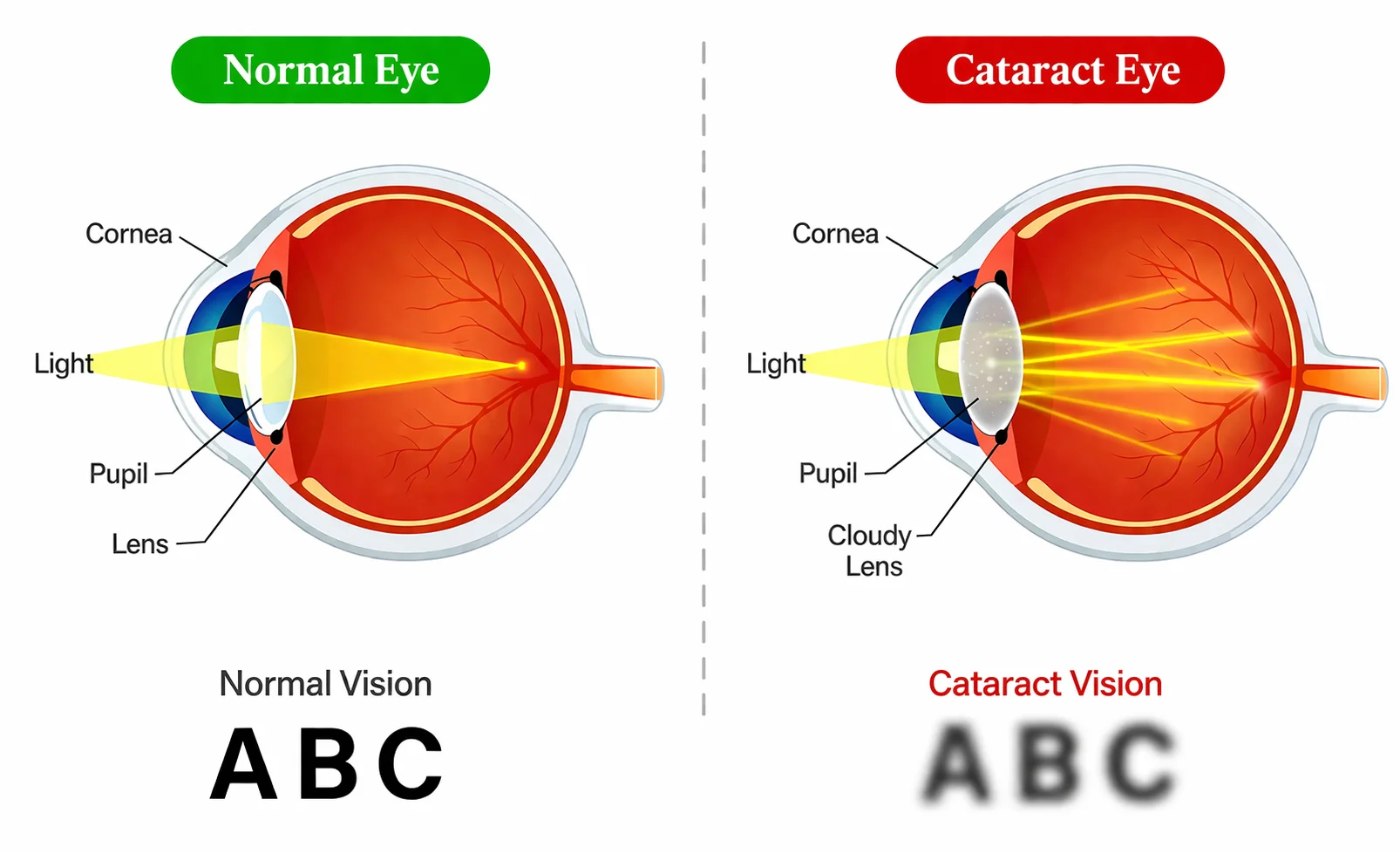 Side-by-side medical illustration comparing a normal eye and a cataract eye, showing a cloudy lens scattering light and causing blurred vision.