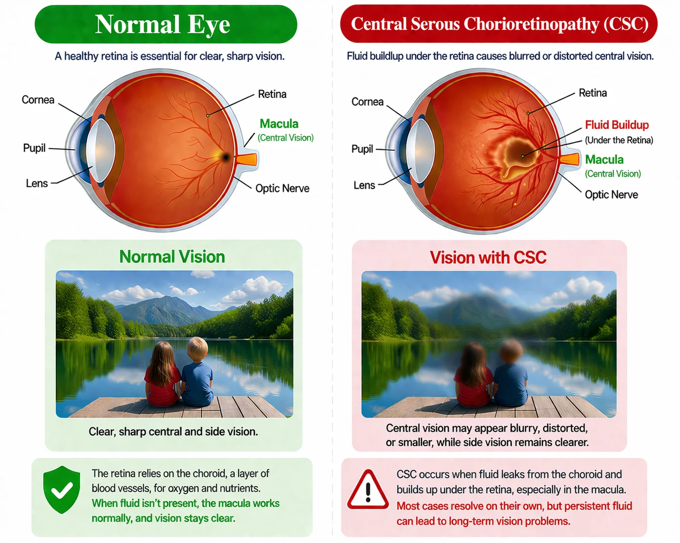 Side-by-side retina illustration comparing a healthy eye and central serous chorioretinopathy, showing fluid under the retina and distorted central vision.