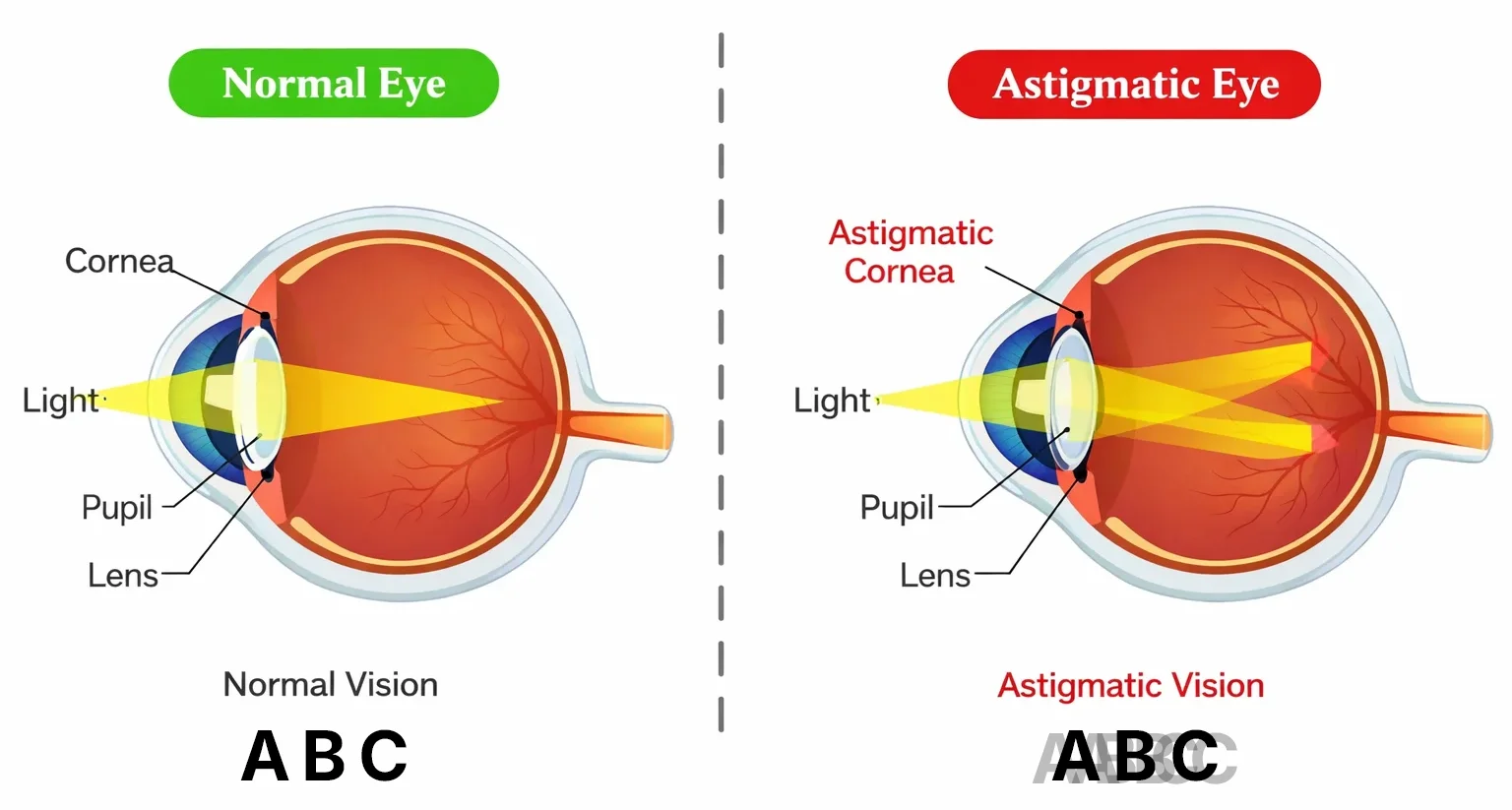 Side-by-side eye diagram comparing a normal eye and an astigmatic eye, showing uneven light focus caused by an irregular cornea and blurred vision.