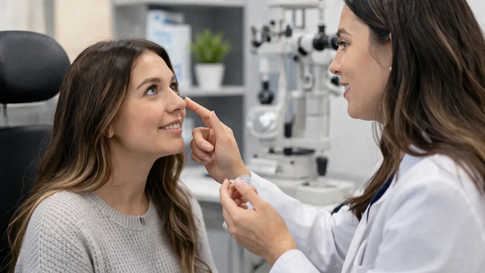 Optometrist teaching patient how to insert contact lenses during a fitting appointment