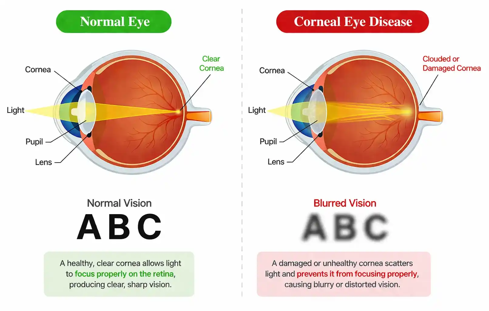 Medical infographic comparing a normal eye and corneal eye disease, showing a damaged or cloudy cornea that scatters light and reduces vision clarity.