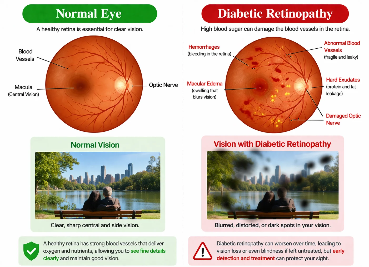 Side-by-side retina illustration comparing a healthy retina and diabetic retinopathy, showing damaged blood vessels, bleeding, and vision changes.