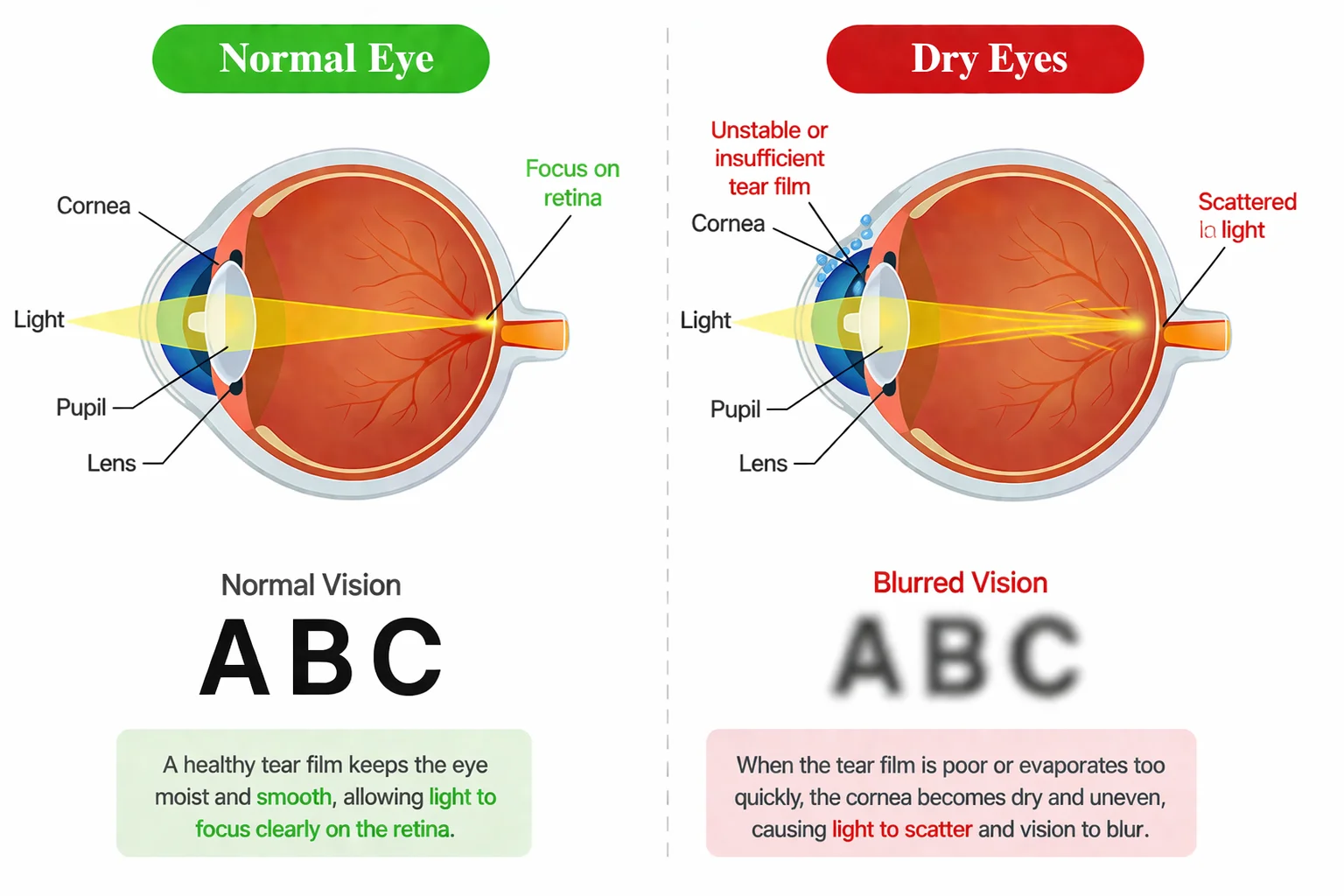 Side-by-side eye diagram comparing a normal eye and dry eyes, showing unstable tear film, scattered light, and blurred vision.