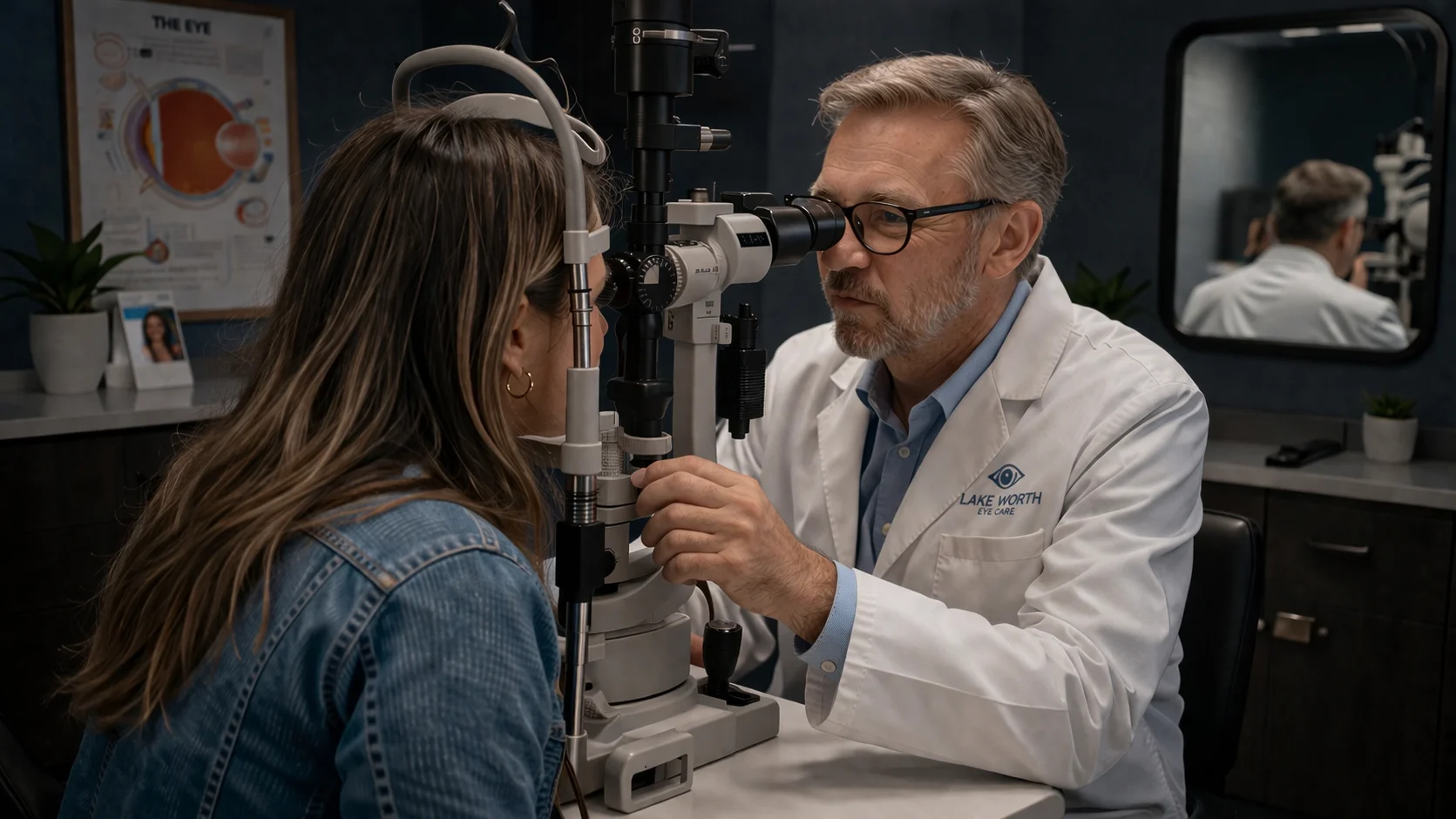 Older eye doctor examining patient&rsquo;s eyes with slit lamp during urgent vision evaluation