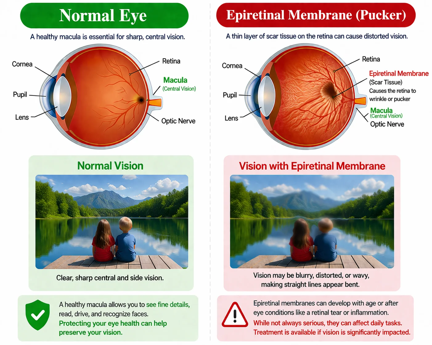 Side-by-side retina illustration comparing a normal eye and an epiretinal membrane, showing scar tissue causing retinal wrinkling and distorted vision.