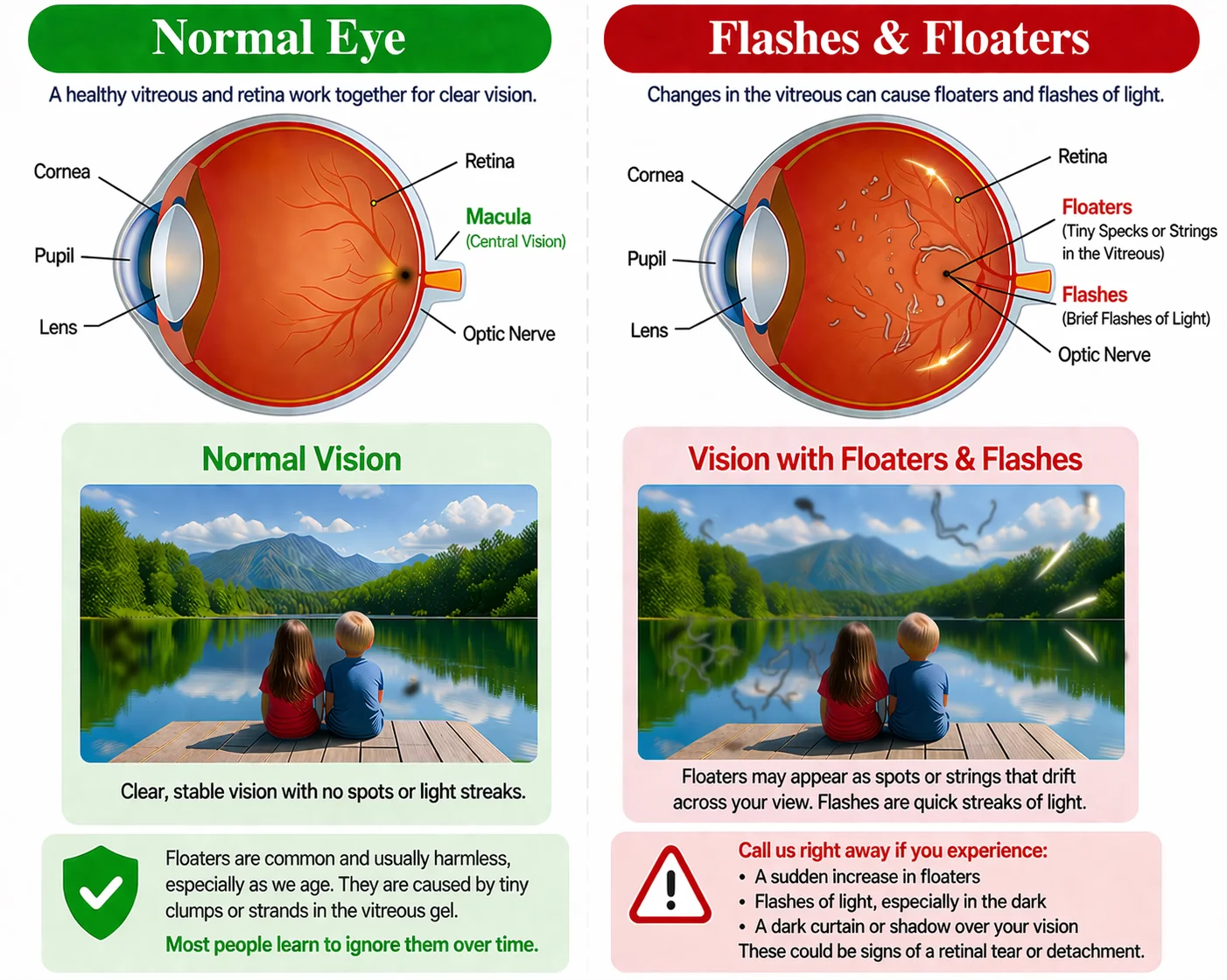 Side-by-side eye diagram comparing a normal eye and flashes and floaters, showing vitreous changes, floating spots, and flashes of light in vision.