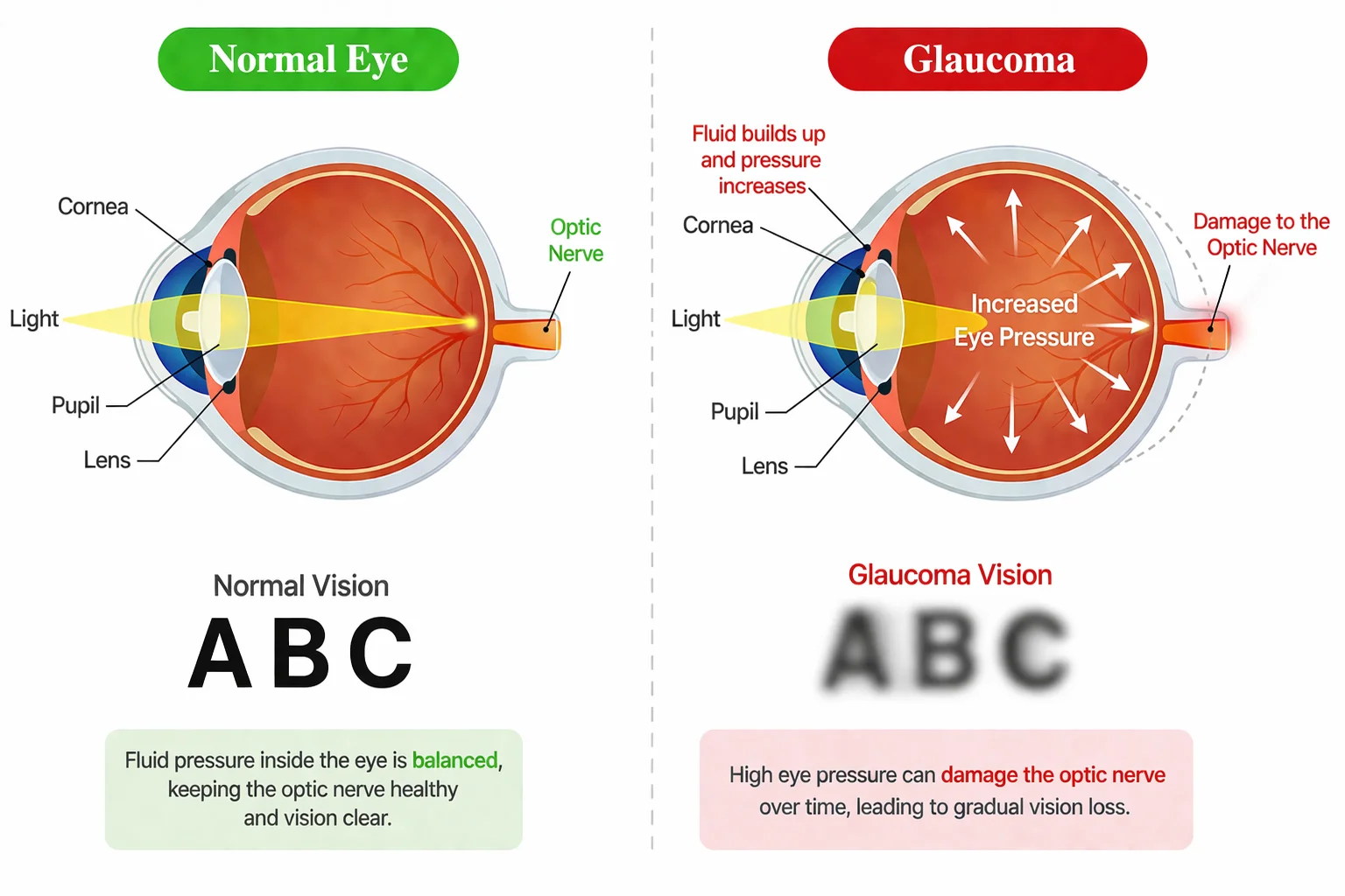 Side-by-side eye diagram comparing a normal eye and glaucoma, showing increased eye pressure and optic nerve damage with blurred vision.