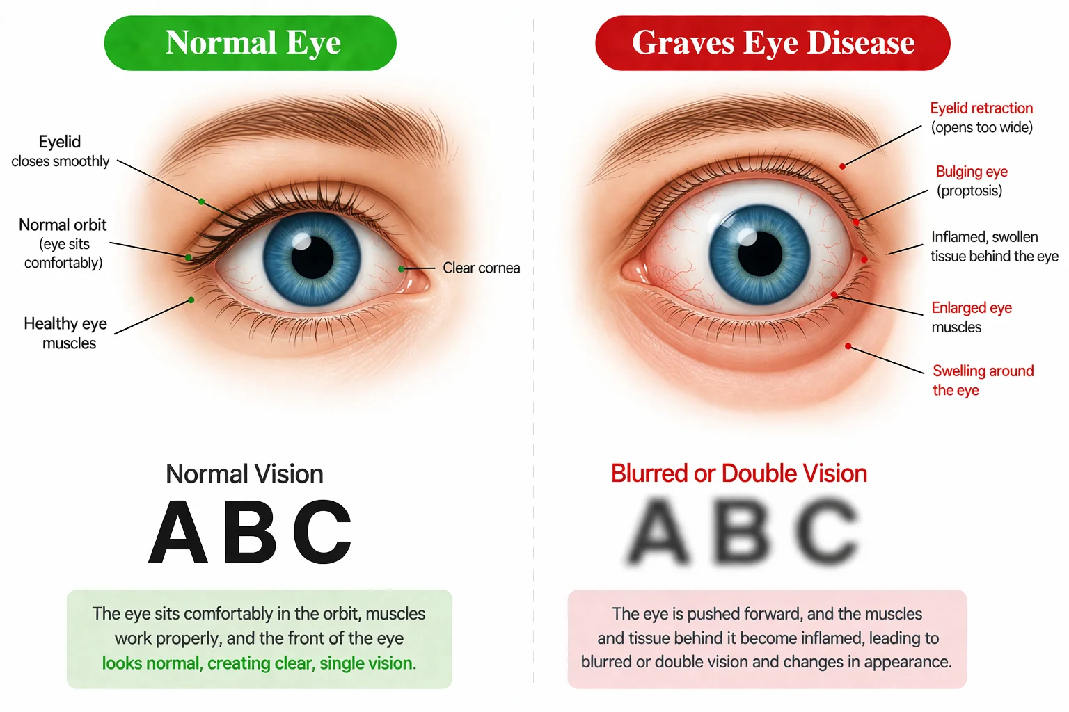 Medical illustration comparing a normal eye and Graves&rsquo; eye disease, showing bulging eye appearance, eyelid retraction, and blurred or double vision.