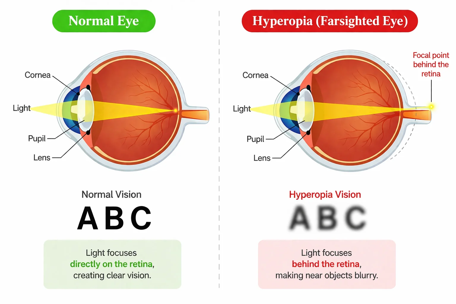 Medical illustration comparing a normal eye and a hyperopic eye, showing light focusing behind the retina and blurry near vision.