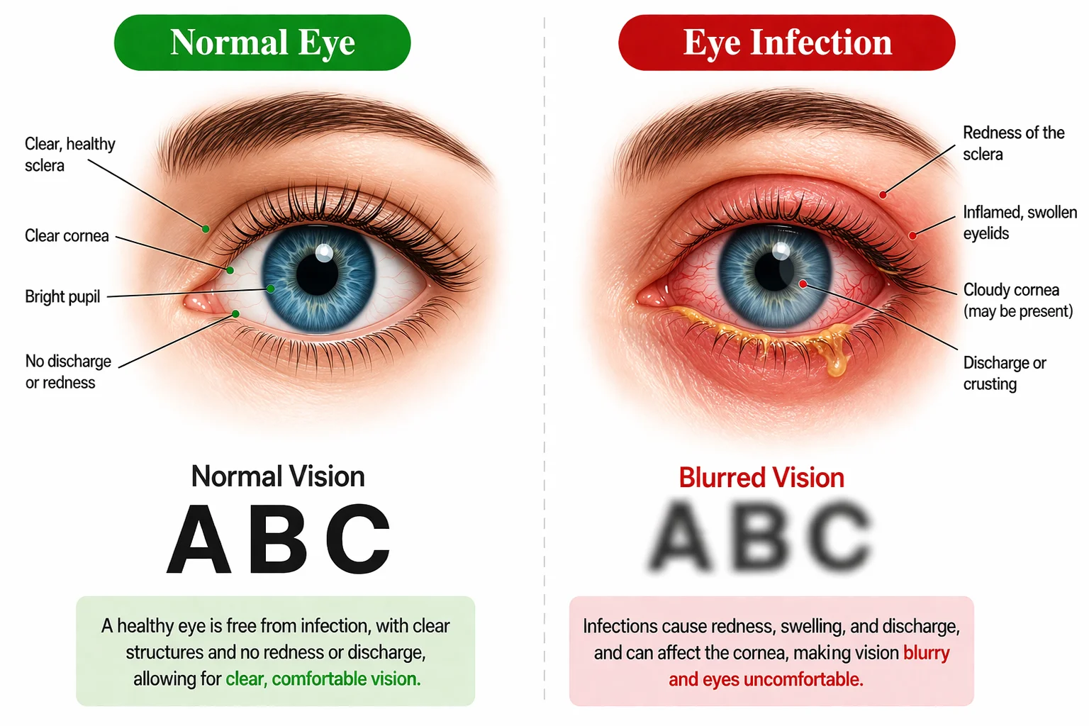 Side-by-side medical illustration comparing a normal eye and an eye infection, showing redness, swelling, discharge, and blurred vision.
