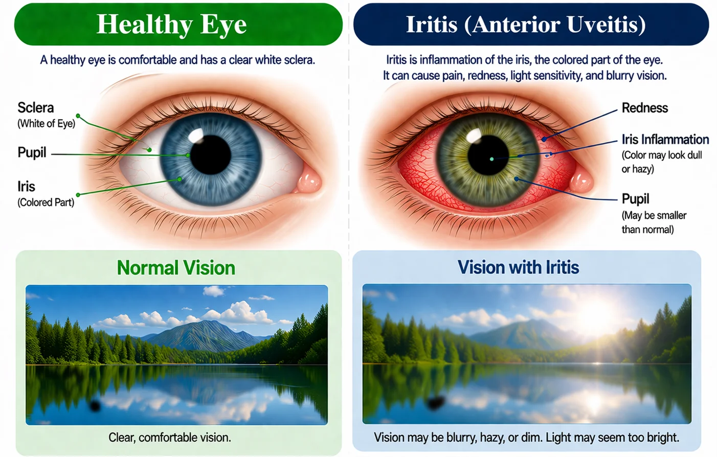 Medical illustration comparing a healthy eye and iritis, showing inflammation around the iris, redness, and blurry light-sensitive vision.