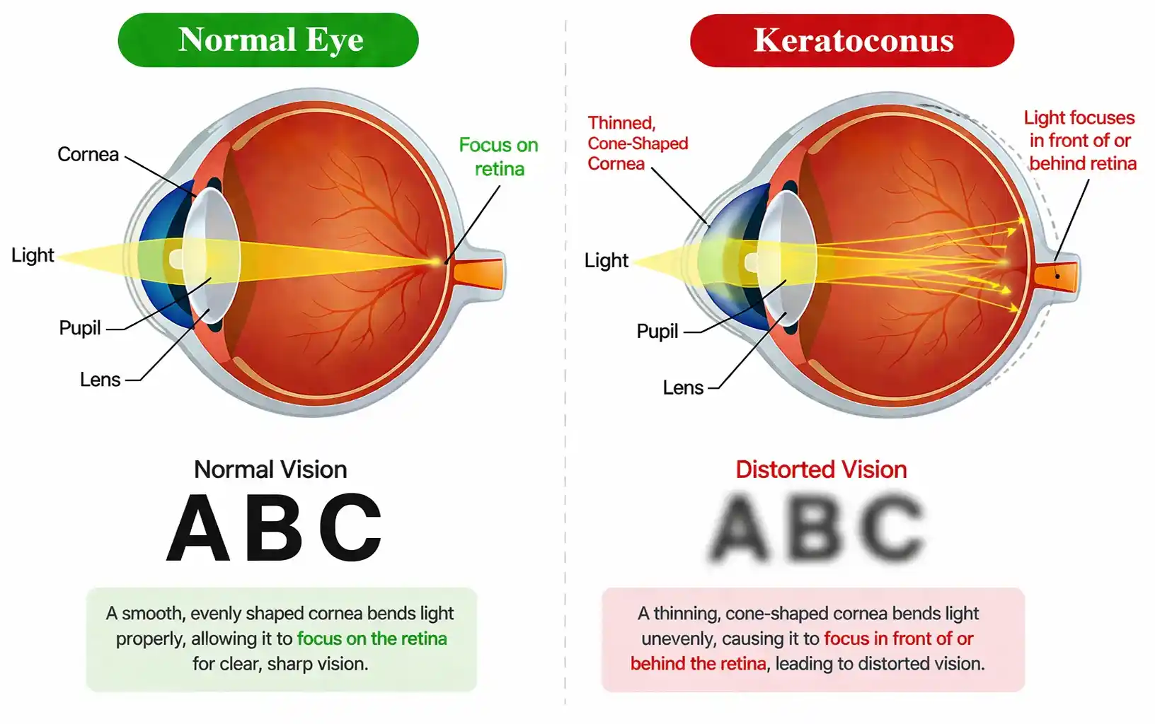 Side-by-side eye diagram comparing a normal eye and keratoconus, showing a cone-shaped cornea that bends light unevenly and causes distorted vision.