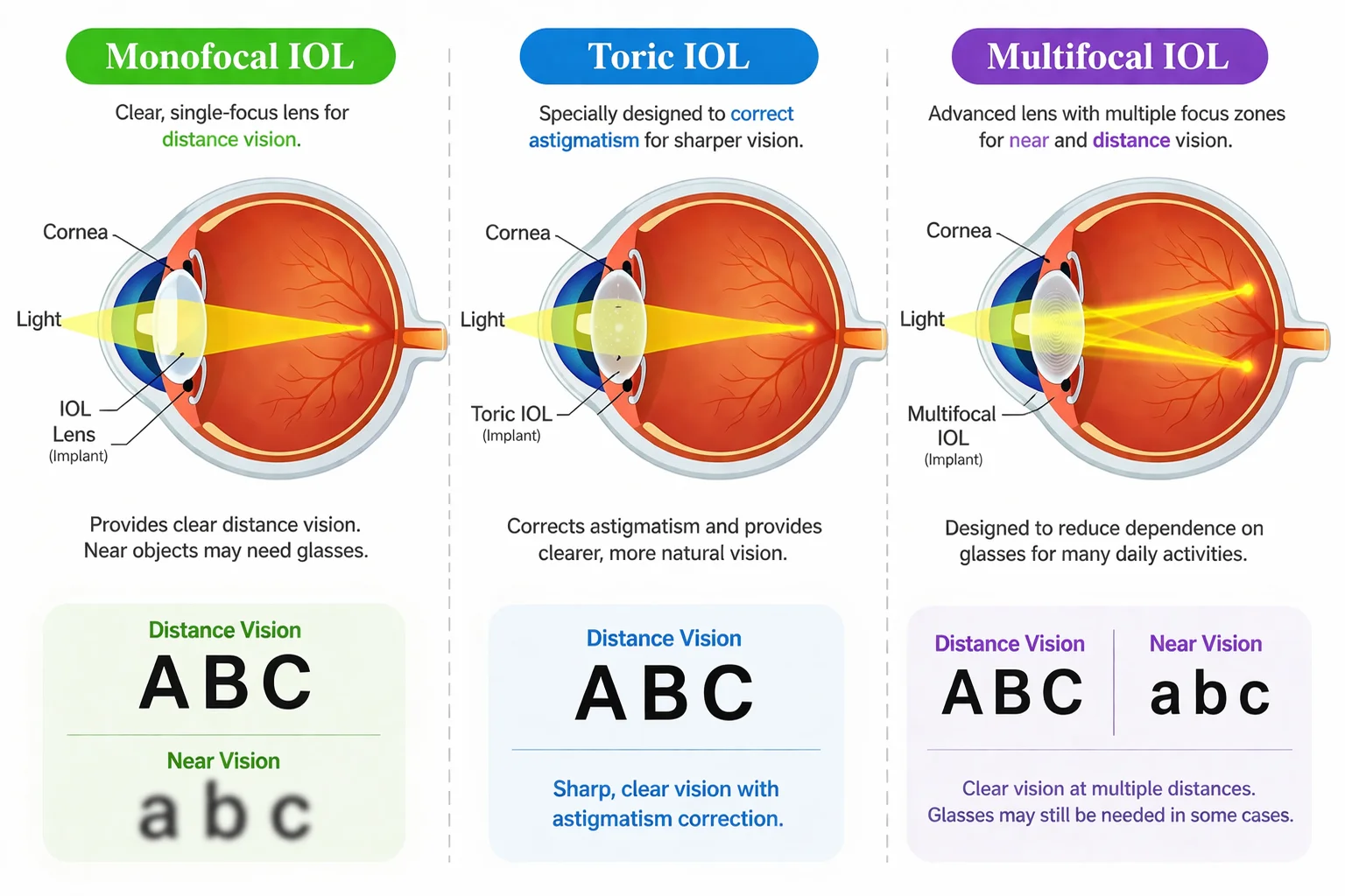 Medical infographic comparing lens implant options, including monofocal, toric, and multifocal intraocular lenses, with simple eye diagrams and vision examples.
