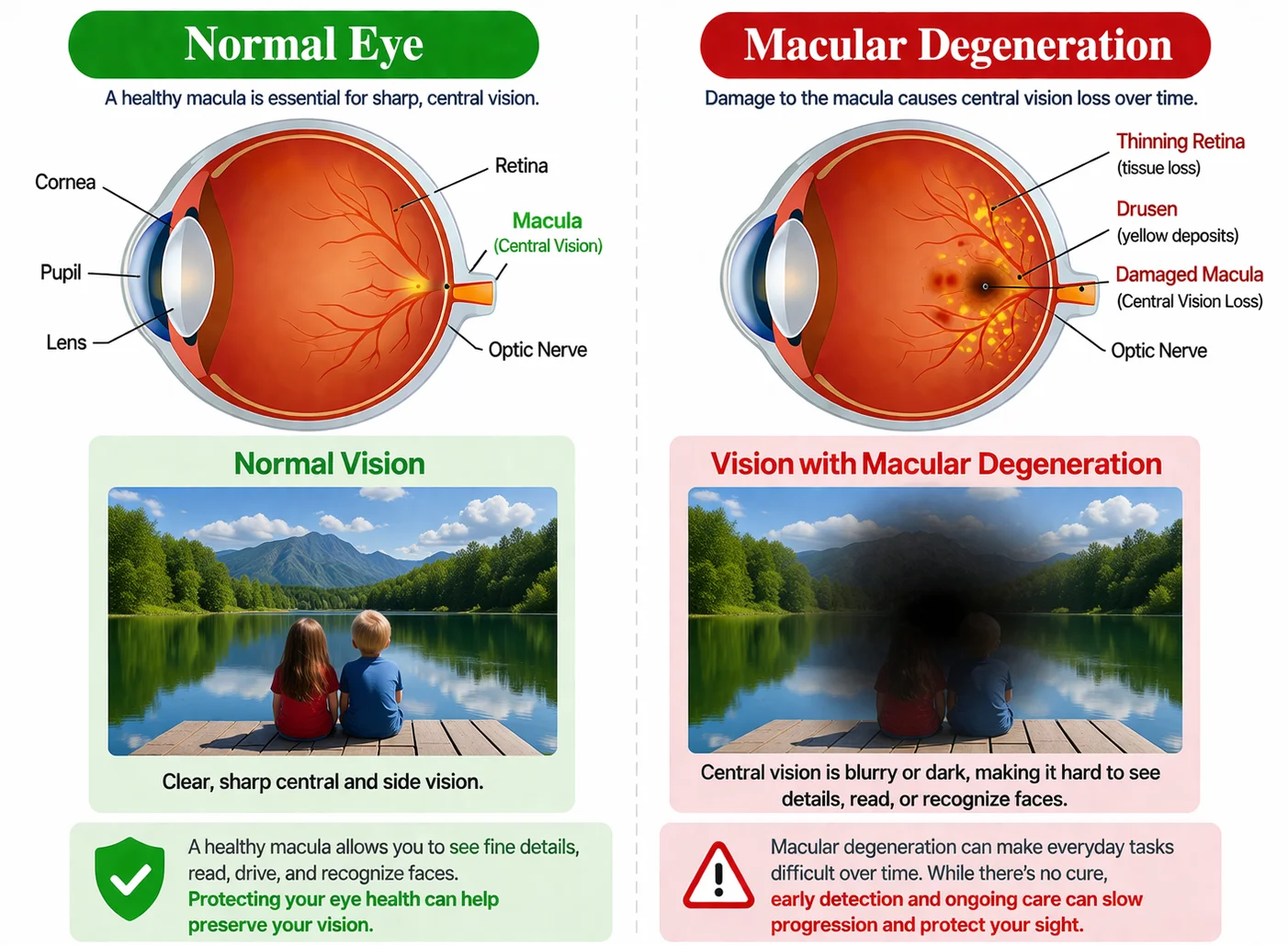 Medical infographic comparing a healthy retina and macular degeneration, showing damage in the macula and loss of central vision.
