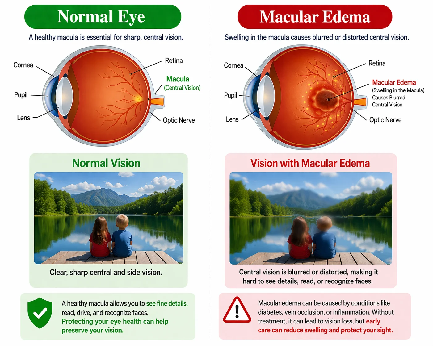 Side-by-side retina illustration comparing a healthy retina and macular edema, showing swelling in the macula and blurred central vision.