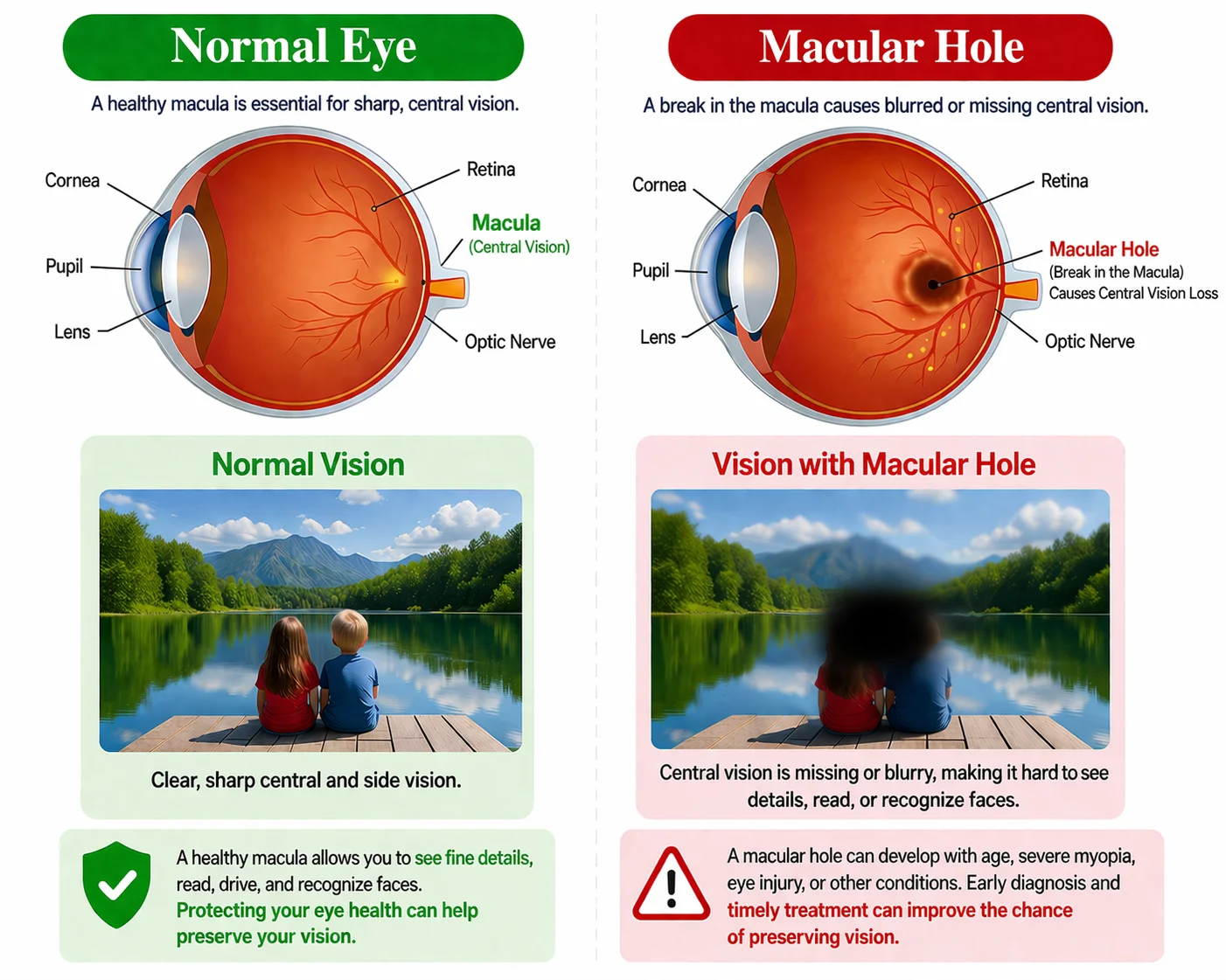 Medical infographic comparing a healthy retina and a macular hole, showing a small break in the macula and missing or blurry central vision.