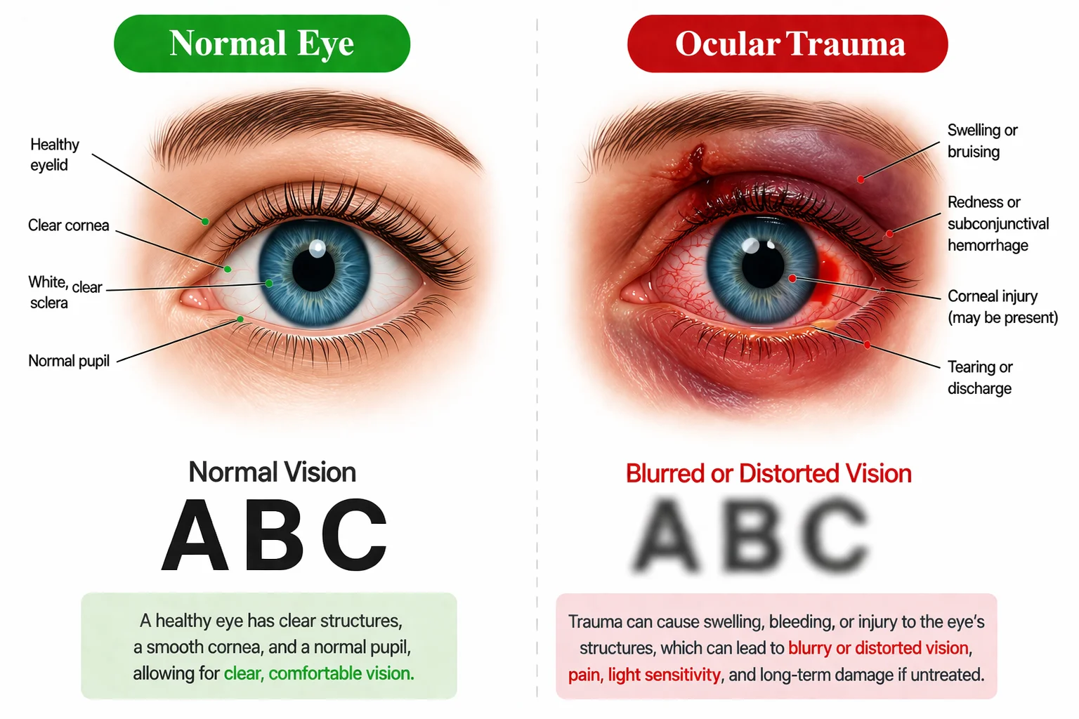 Medical infographic comparing a normal eye and ocular trauma, showing swelling, redness, bruising, and distorted vision after eye injury.