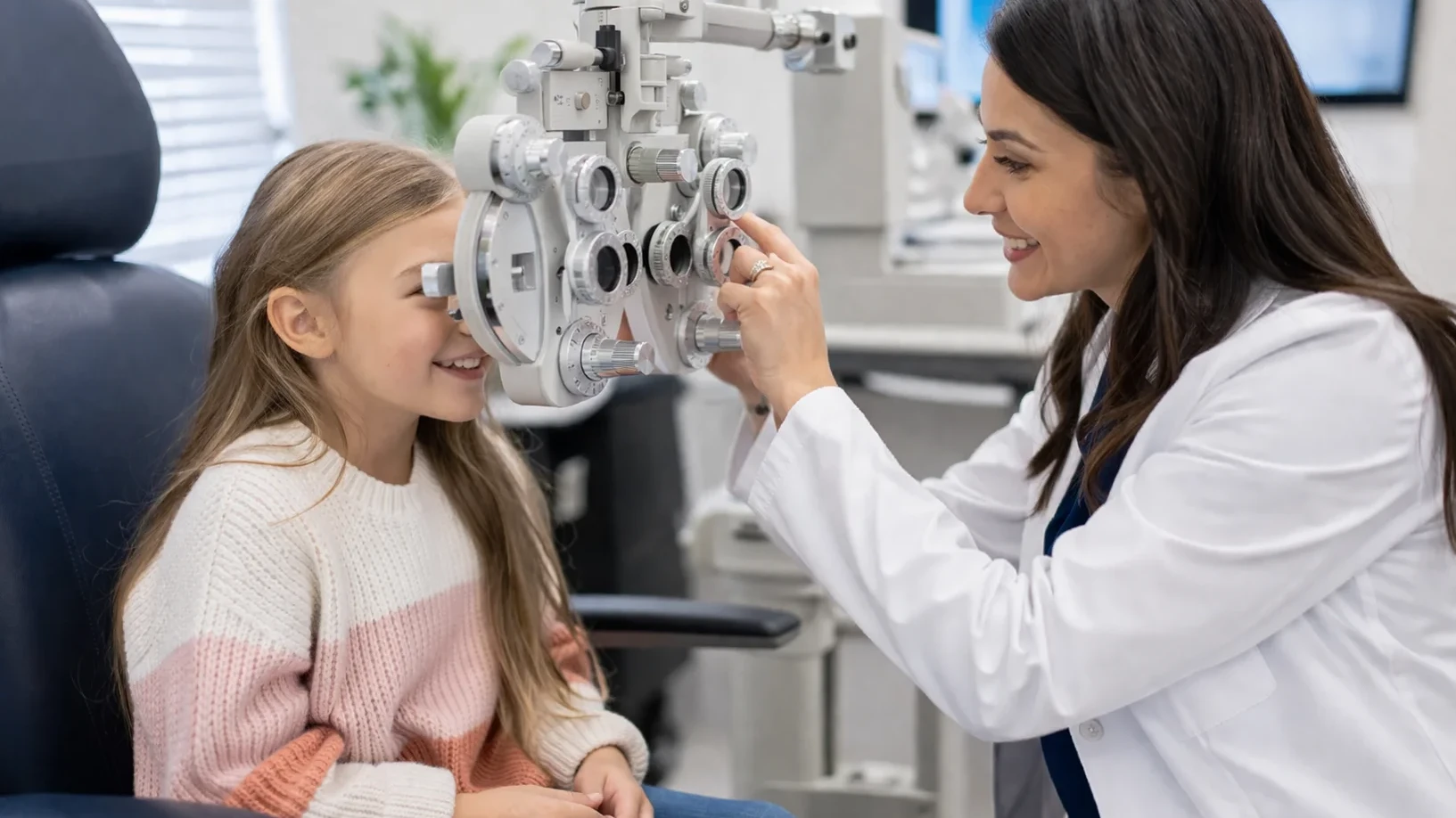 Young patient receiving eye exam from doctor using slit lamp in pediatric eye care visit