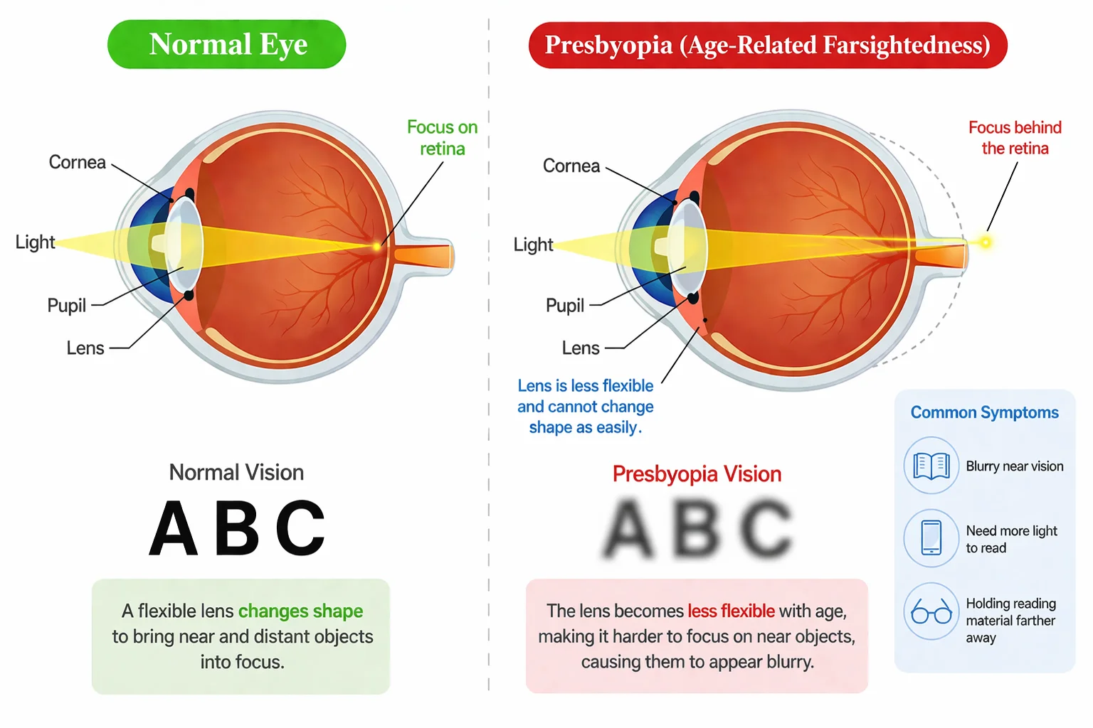 Medical illustration comparing a normal eye and presbyopia, showing reduced lens flexibility and difficulty focusing on near objects.