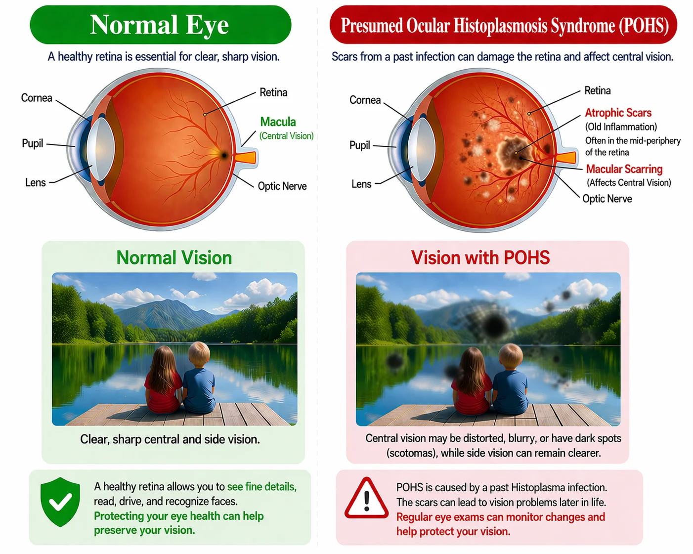Medical infographic comparing a healthy retina and presumed ocular histoplasmosis syndrome, showing retinal scars and central vision disturbance.