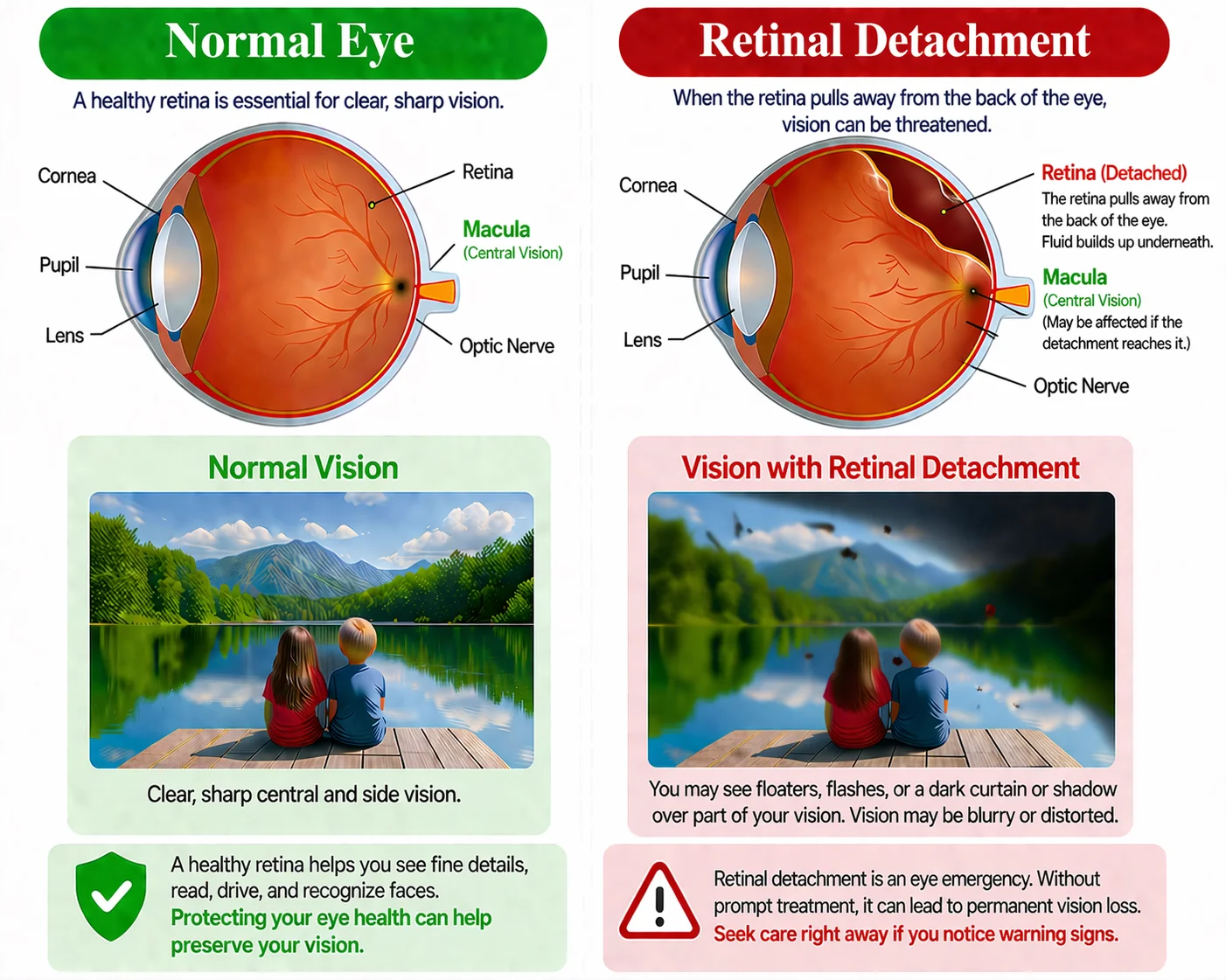 Side-by-side eye diagram comparing a normal eye and retinal detachment, showing the retina pulling away from the back of the eye and severe vision loss.