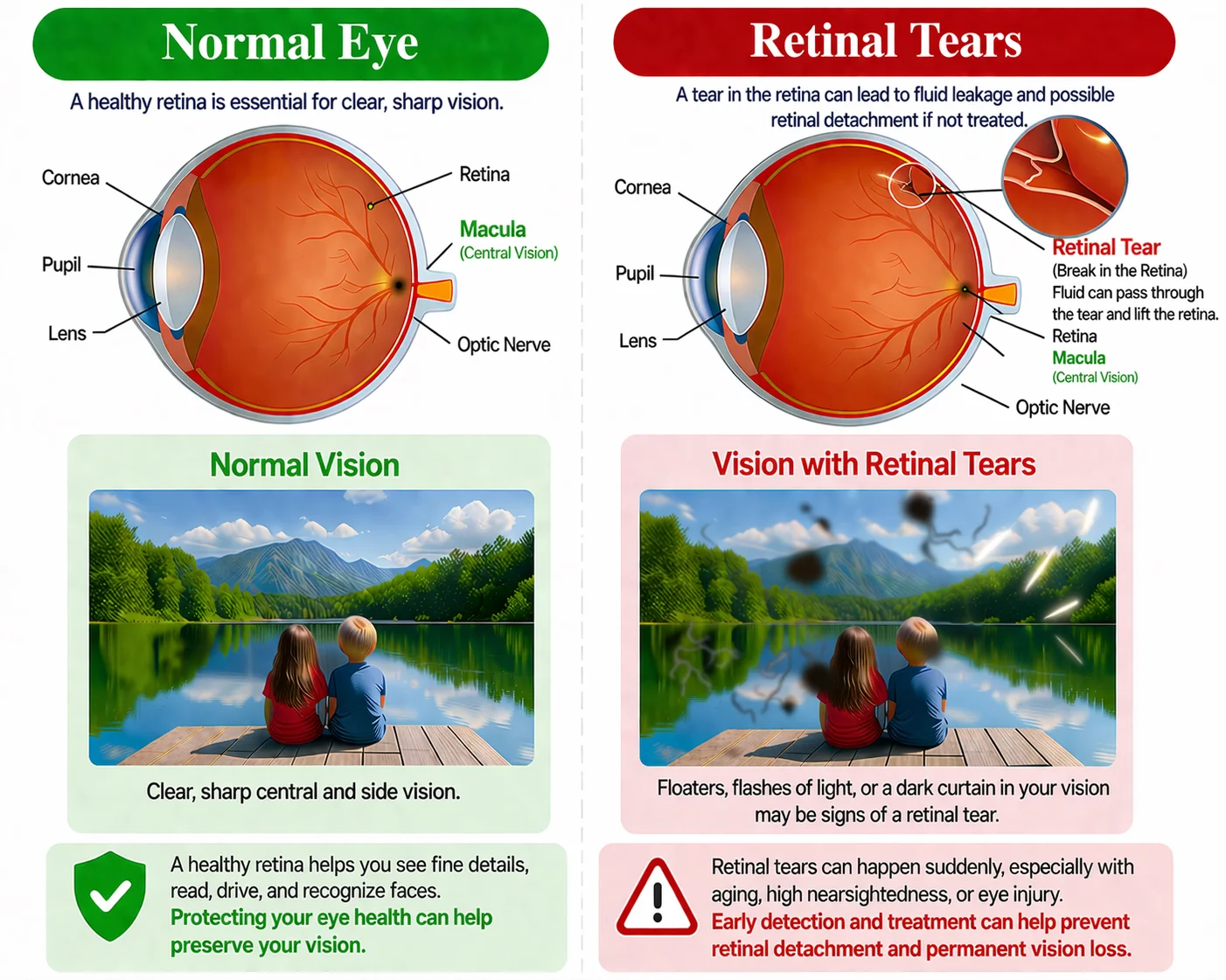 Medical infographic comparing a healthy retina and retinal tears, showing a tear in the retina with floaters, flashes, and blurred vision.