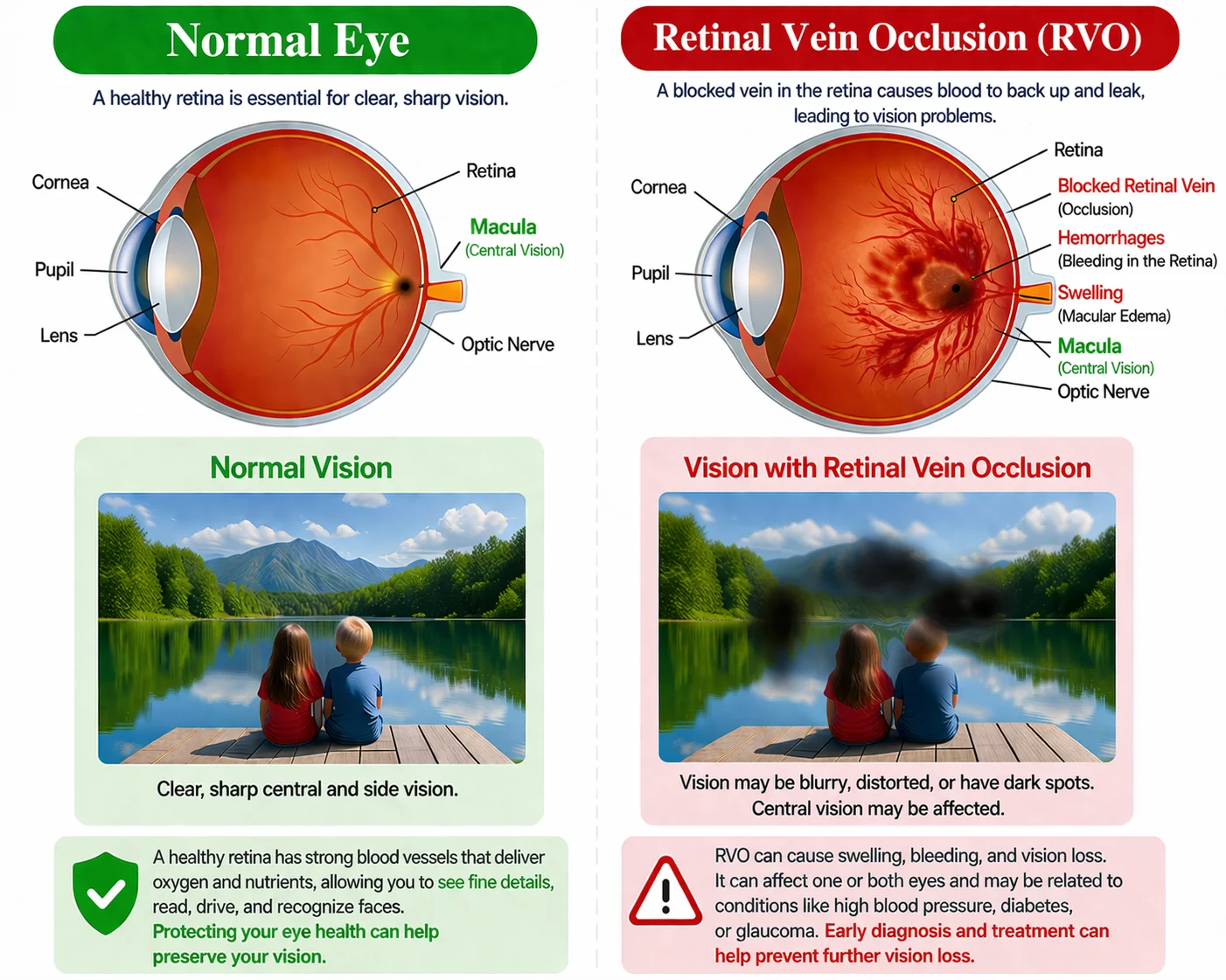 Medical infographic comparing a healthy retina and retinal vein occlusion, showing blocked blood flow, retinal bleeding, swelling, and blurred vision.