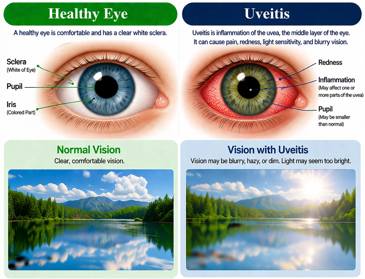 Side-by-side medical illustration comparing a healthy eye and uveitis, showing inflammation inside the eye with redness and blurred vision.